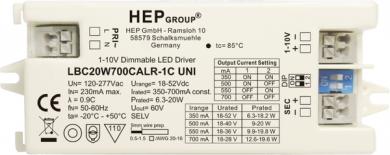 HEP  LED Treiber, Konstantstrom, dimmbar, 350-700mA per DIP, 20W (1-10V) 