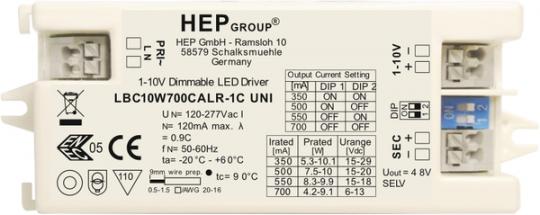 HEP  LED Treiber, Konstantstrom, dimmbar, 350-700mA per DIP, 10W (1-10V) 