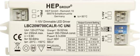 HEP  LED Treiber, Konstantstrom, dimmbar, 350-700mA per DIP, 20W (1-10V) 