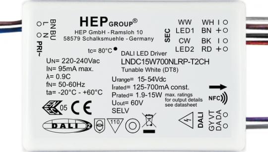 HEP  LED Treiber, Konstantstrom, dimmbar, 125-700mA per NFC, 15W (DALI-2(DT8)) 