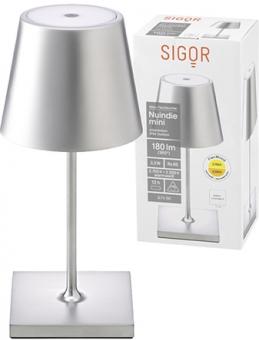 Sigor Akku-Tischleuchte NUINDIE mini 250mm silber rund 2,2W Flex-Mood 2700K/2200K IP54 180lm Ra85 d 